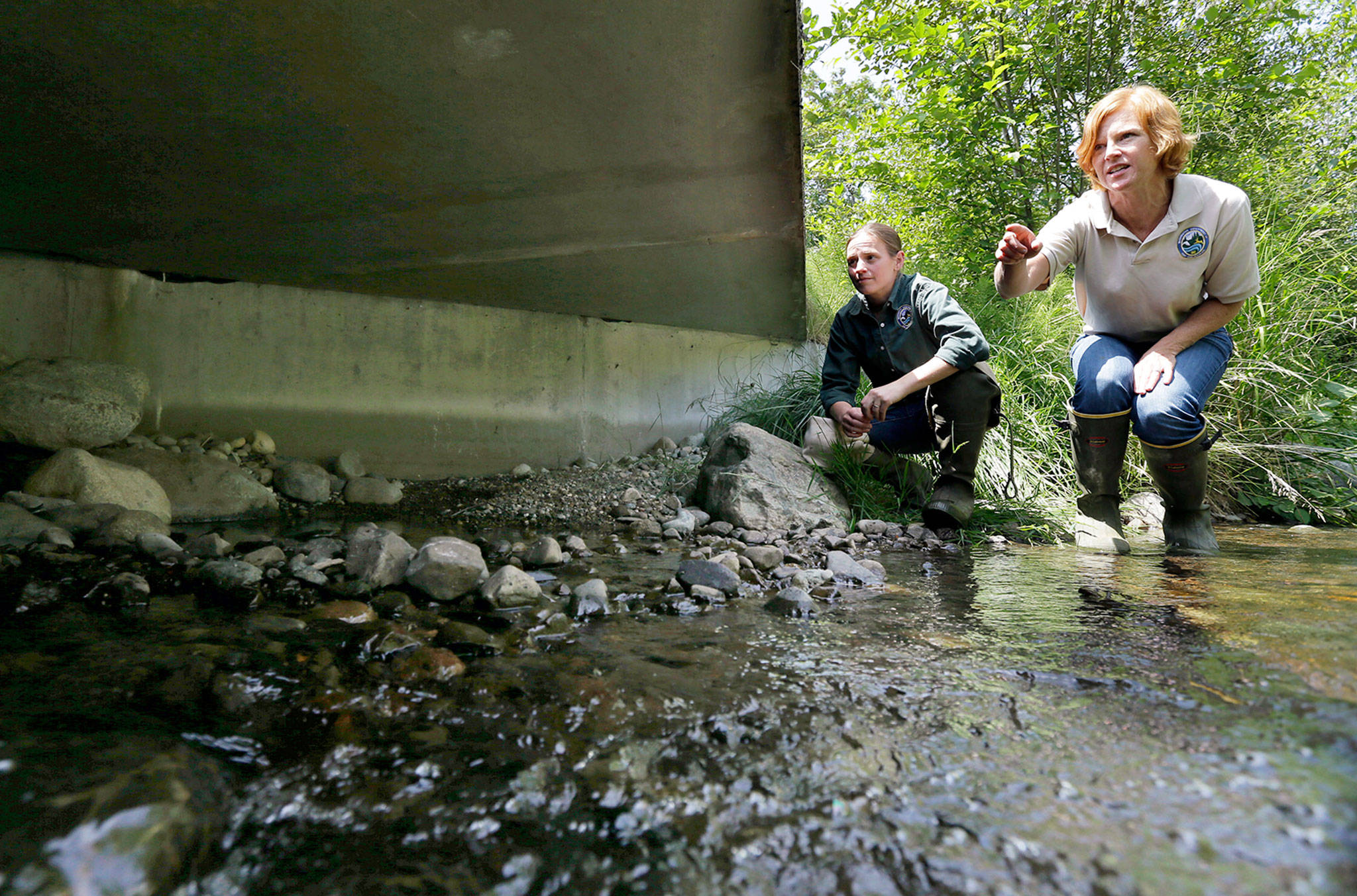 Julie Henning (right), division manager of the Washington Dept. of Fish and Wildlife ecosystem services division habitat program, and Melissa Erkel, a fish passage biologist, look at a wide passageway for the north fork of Newaukum Creek near Enumclaw, Washington, in 2015. The U.S. Supreme Court is leaving in place a lower court’s order that Washington state restore salmon habitat by removing barriers that block fish migration. (AP Photo/Ted S. Warren, File)