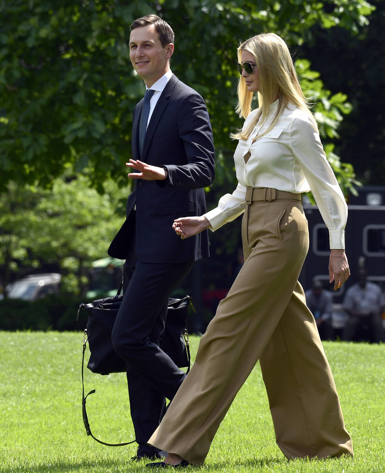 Jared Kushner and Ivanka Trump walk to Marine One on the South Lawn of the White House in Washington on June 1 as they head to Camp David for the weekend. (AP Photo/Susan Walsh)