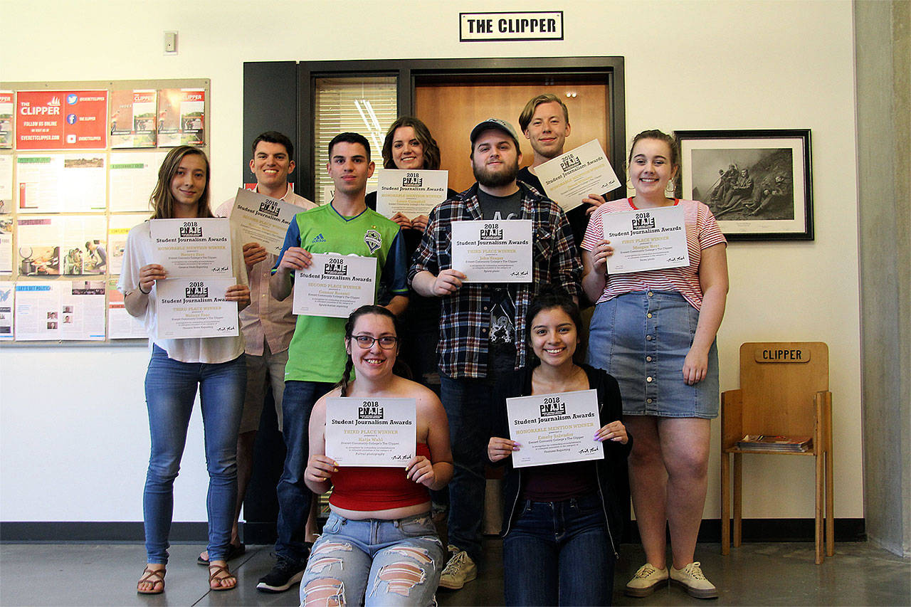 The Clipper staff winners of the 2018 PNAJE competition standing in front of The Clipper office. Back row: Tristan Newsome (left), Laura Campbell and Derek Williams. Middle row: Nataya Foss (left), Connor Roestel, John Yeager and Morgan Hoyt. Front row: Katja Wahl (left) and Emely Salvador. (Contributed photo)