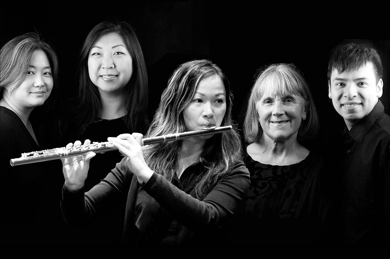 Veronica Ho (viola), Amy Crenshaw (violin), Helen Lee (flute), Norma Dermond (cello) and Luis Alcantara-Nenninger (violin) will play Mozart, Bach and Beethoven at 6 p.m. June 16 at the Cascadia Art Museum in Edmonds. (Cascade Symphony photo)