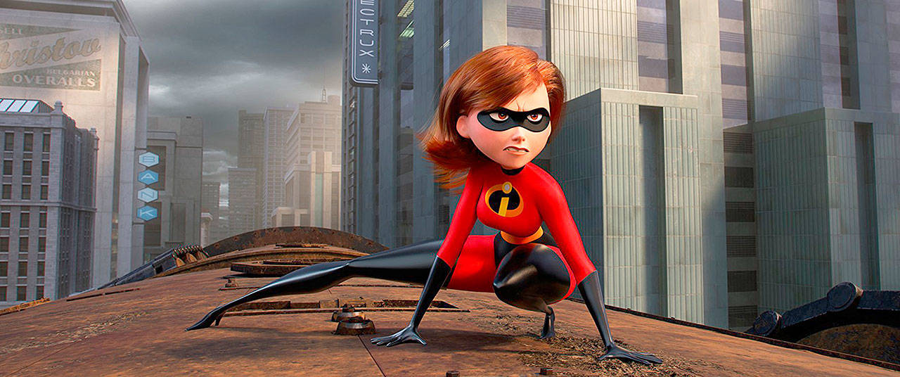 Super-mom Helen (voice of Holly Hunter) swings into action in “Incredibles 2.” (Disney-Pixar)
