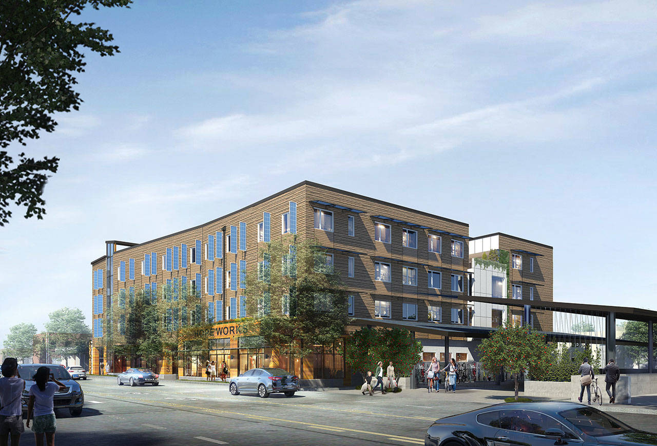 HopeWorks Station Phase II, now under construction on Broadway in Everett, will include 65 affordable apartments, including 49 dedicated to previously homeless households. The ground floor of the building will include a food service training center and a cafe. (Rendering courtesy of Housing Hope)