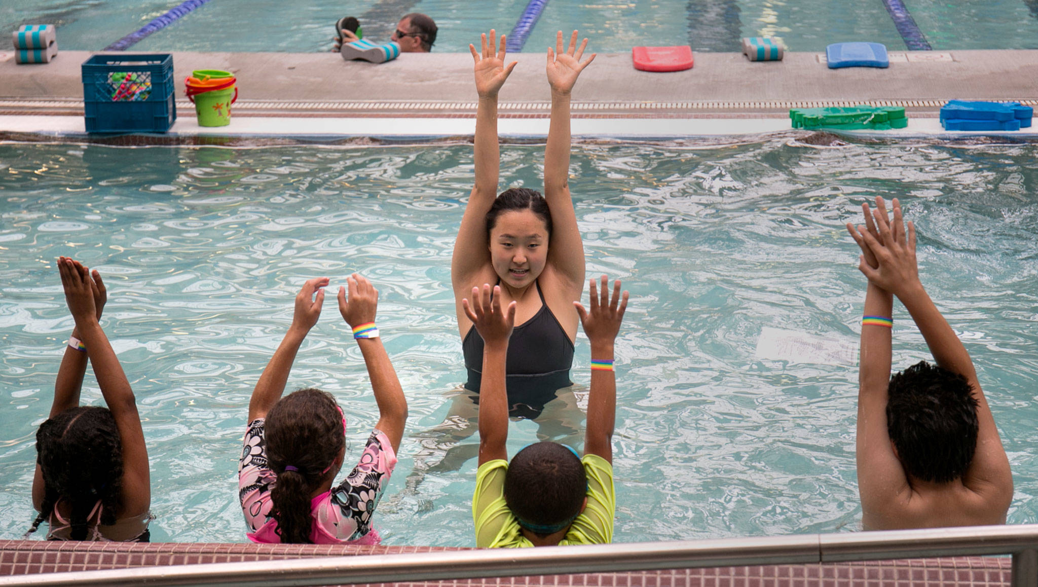 Alexis Song leads her swim safety lessons Thursday afternoon at the Lynnwood Recreation Center. (Kevin Clark / The Herald)