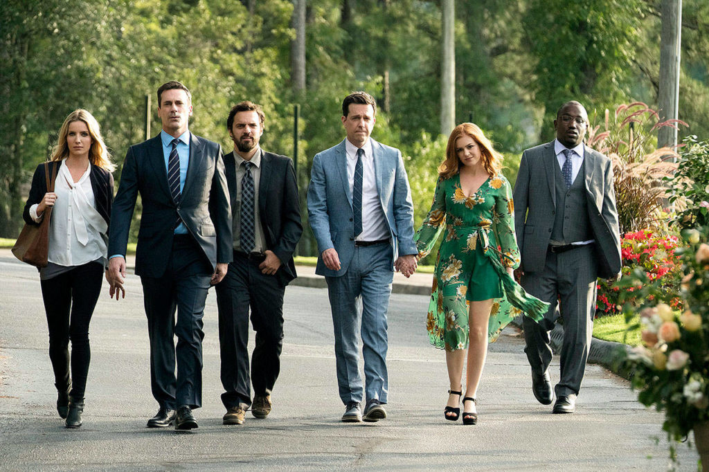 Annabelle Wallis, Jon Hamm, Jake Johnson, Ed Helms, Isla Fisher and Hannibal Buress star in “Tag.” (Kyle Kaplan/ Warner Bros. Pictures)
