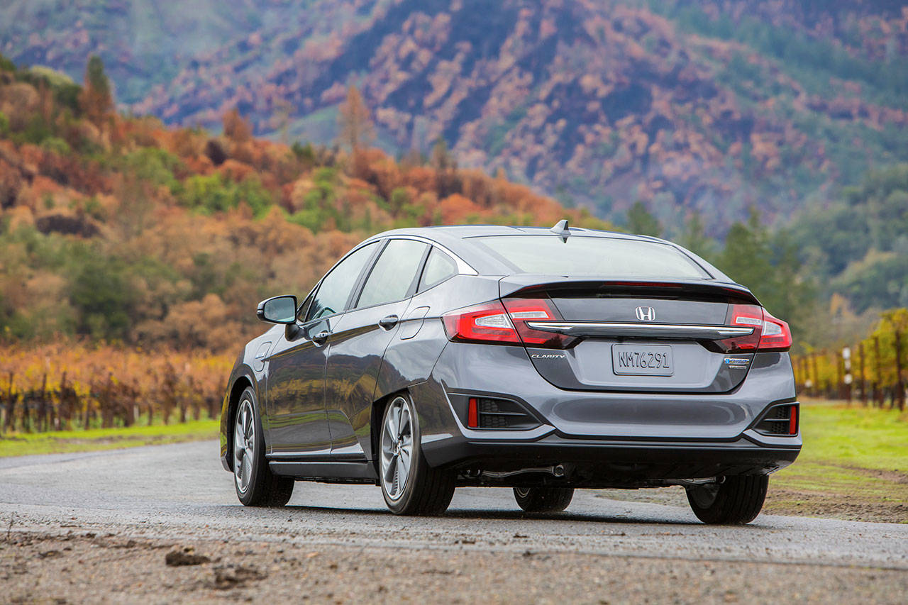 Rear styling on the 2018 Honda Clarity Plug-in Hybrid was designed to accommodate the original hydrogen fuel-cell version of the midsize sedan. (Manufacturer photo)