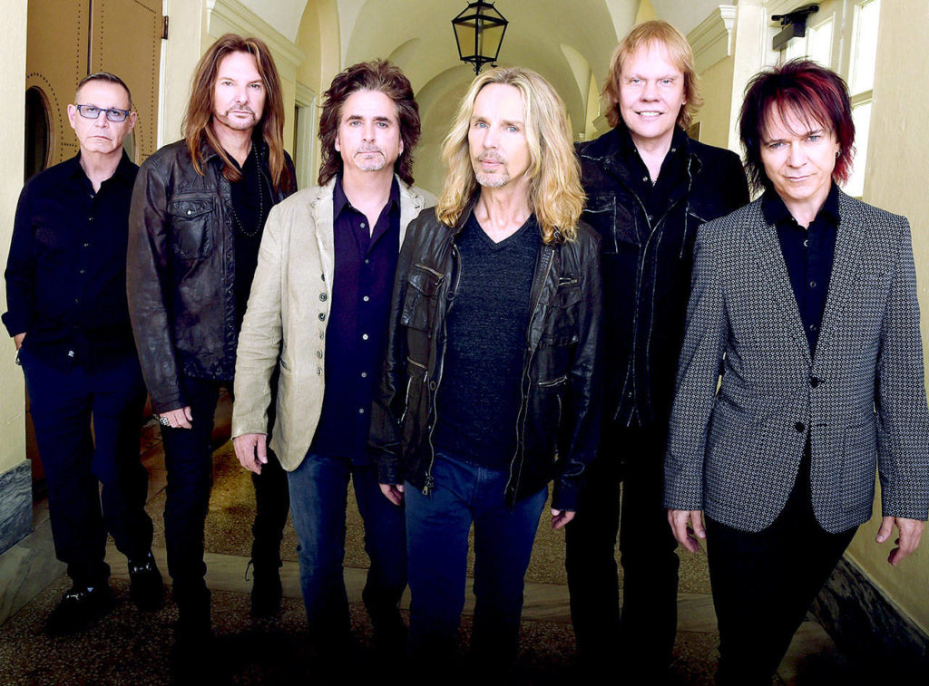 Styx is playing in the Tulalip Summer Concert Series on Aug. 28. From left to right are Chuck Panozzo, Ricky Phillips, Todd Sucherman, Tommy Shaw, James “J.Y.” Young and Lawrence Gowan. (Photo by Rick Diamond)
