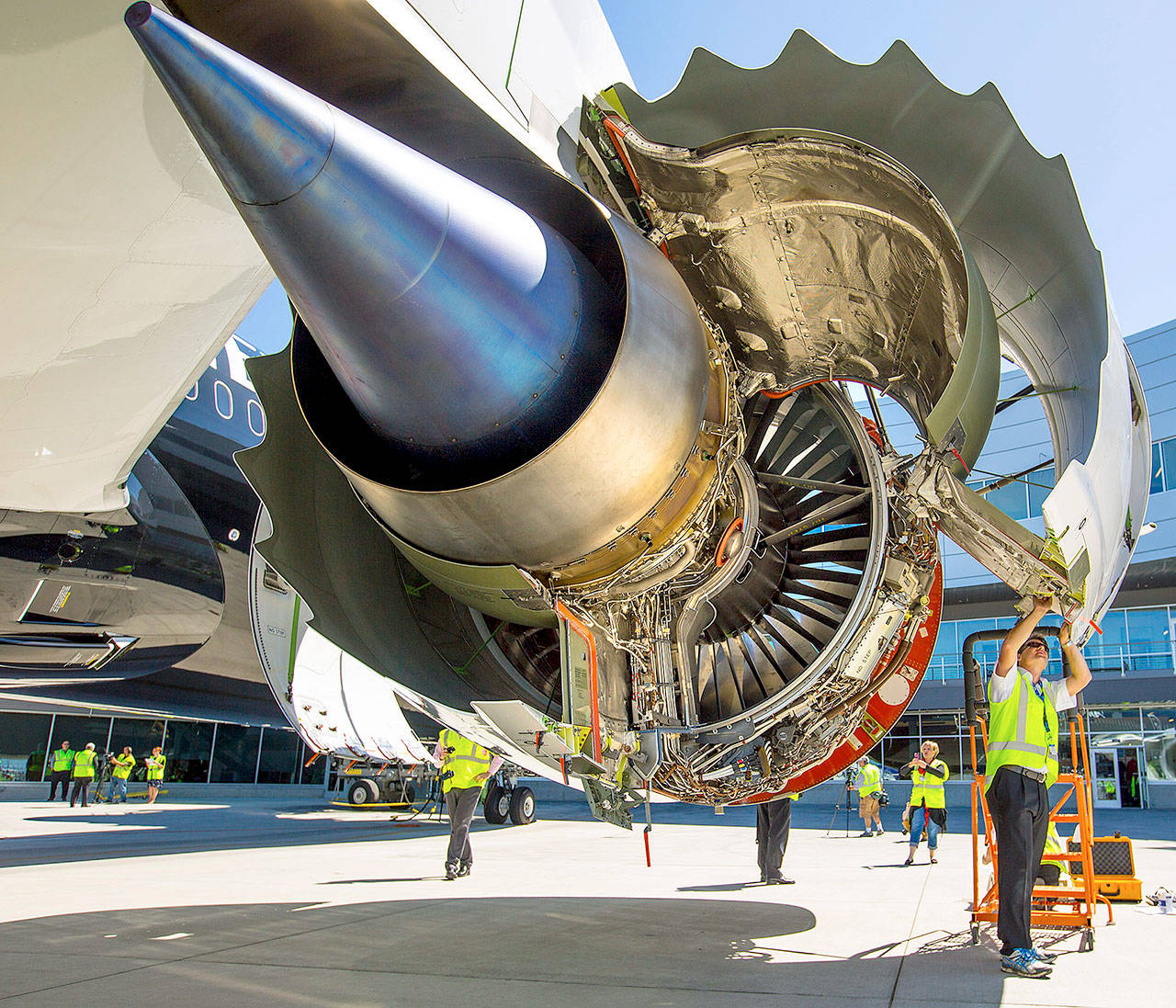 Air New Zealand and Boeing show off the first delivered 787-9 Dreamliner at Boeing’s delivery center at Paine Field in Everett in 2014. This is a Rolls-Royce Trent 1000 engine. (Mike Siegel/Seattle Times/TNS)