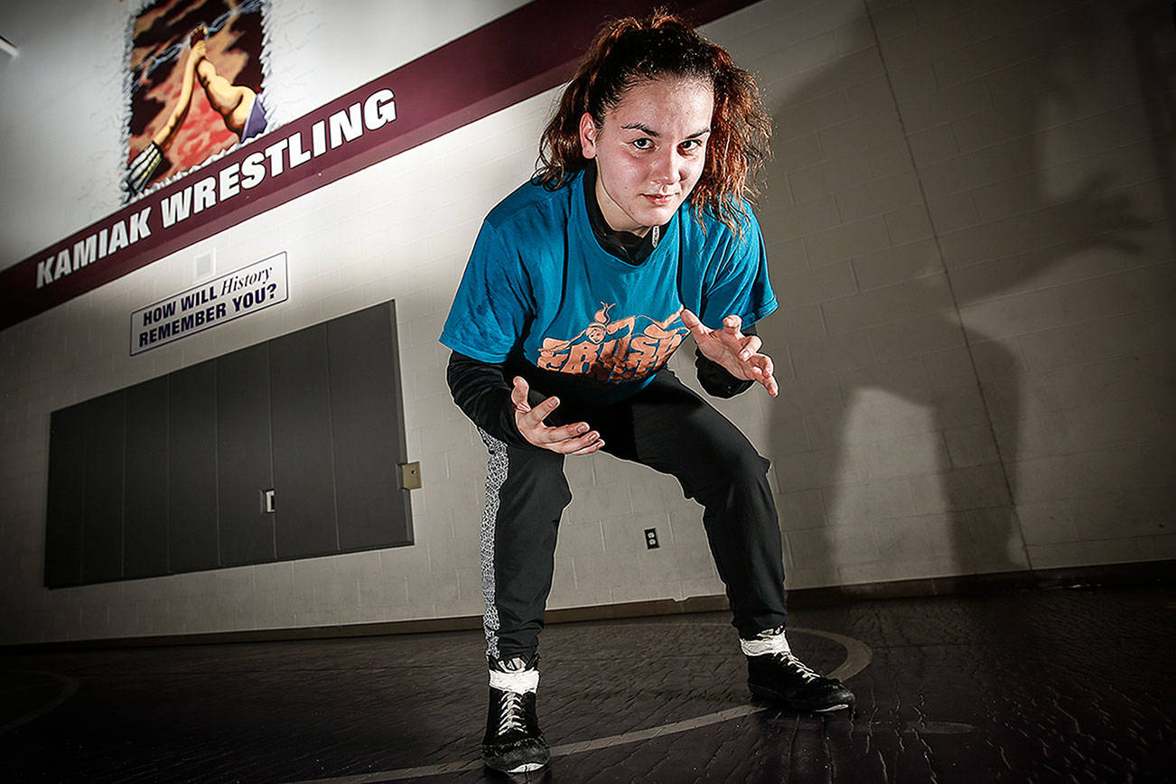 Ian Terry / The Herald Kamiak senior wrestler Ally de la Cruz, a multisport athlete, will compete at the state wrestling tournament on Saturday. Photo taken on 02132018