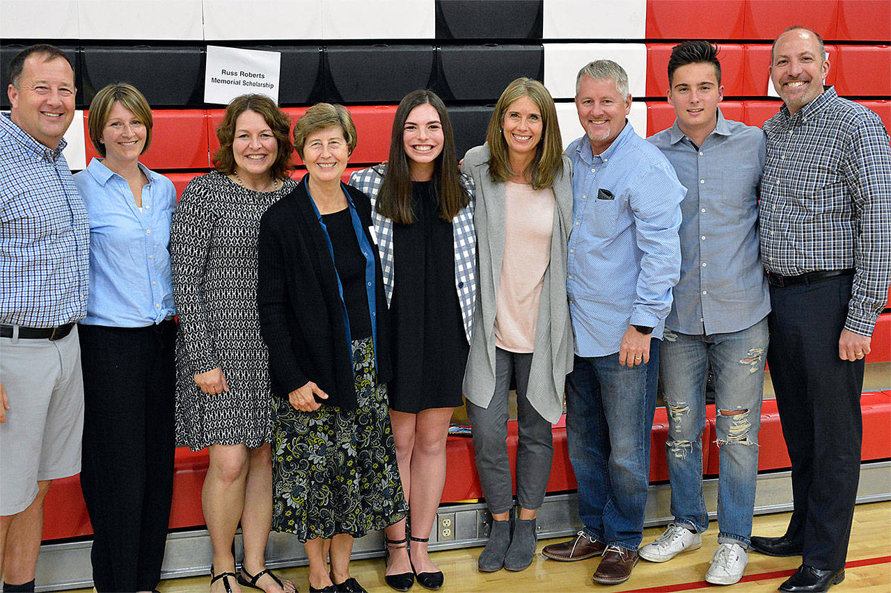 Family of Russ Roberts gather to celebrate a new Russ Roberts Memorial Scholarship, administered through the Snohomish Education Foundation. (Contributed photo)