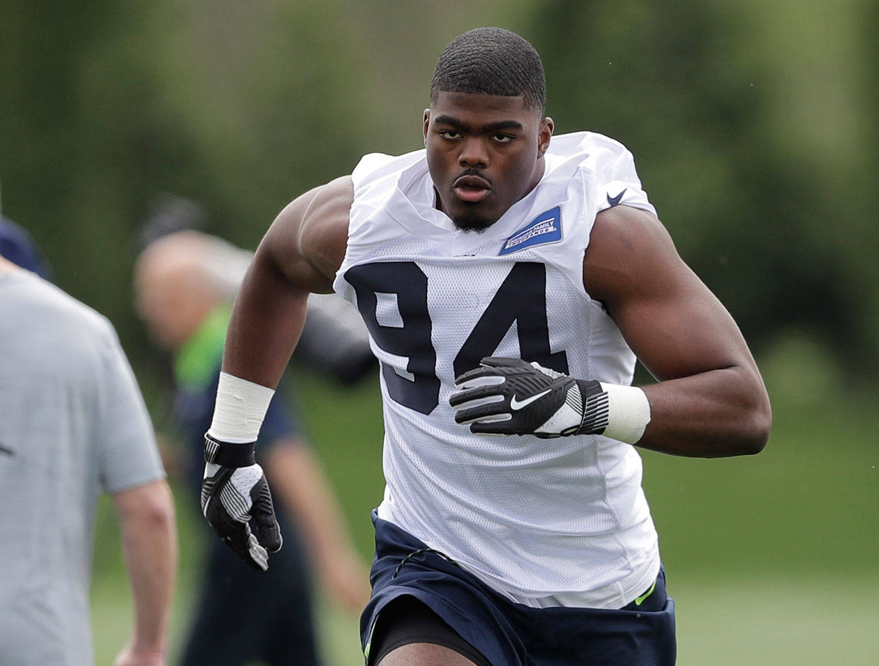Seahawks defensive end Rasheem Green takes part in a drill during rookie minicamp on May 4, 2018, in Renton. (AP Photo/Ted S. Warren)