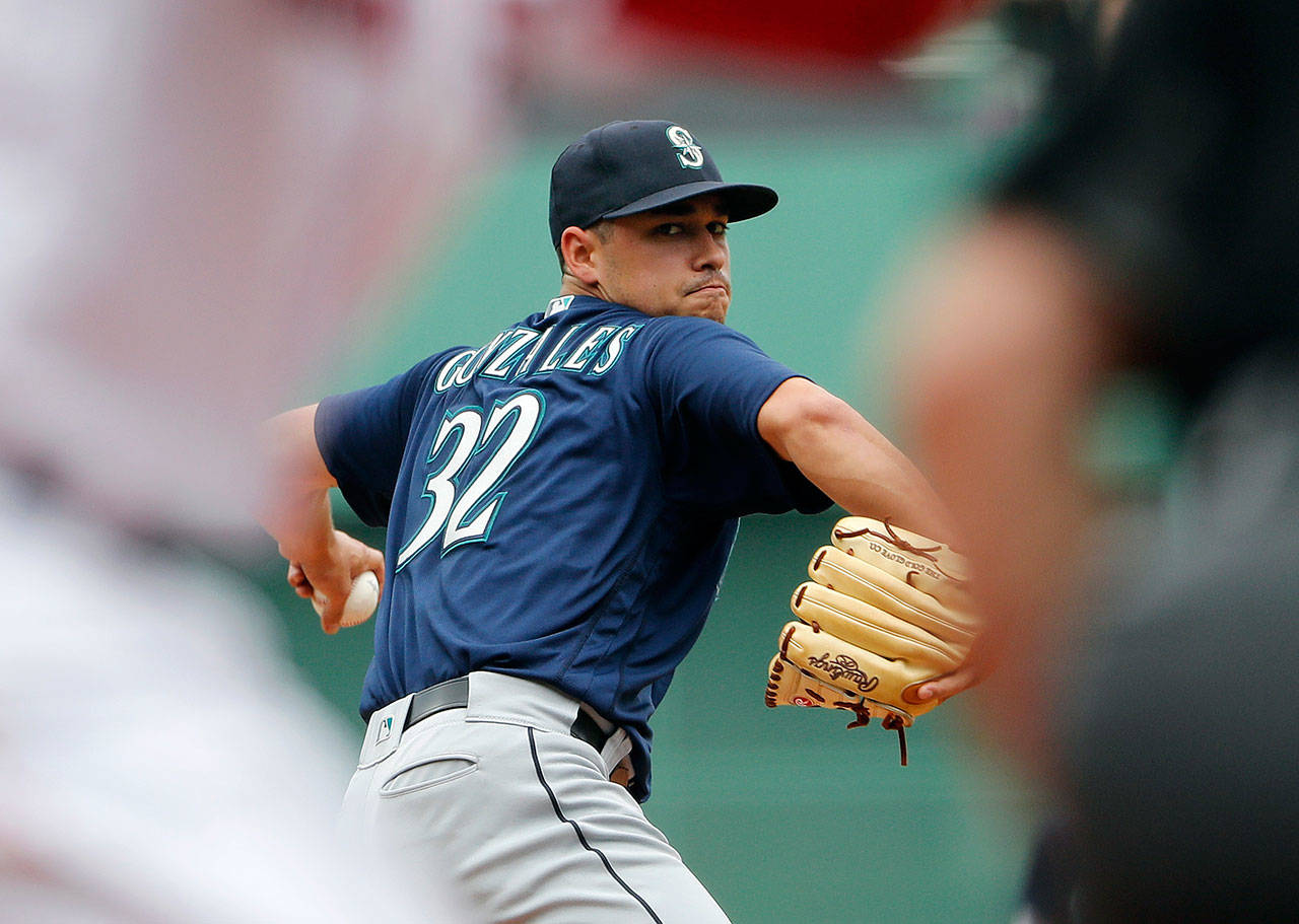 Seattle starting pitcher Marco Gonzales took the loss in Sunday’s game against the Boston Red Sox. (AP Photo/Winslow Townson)