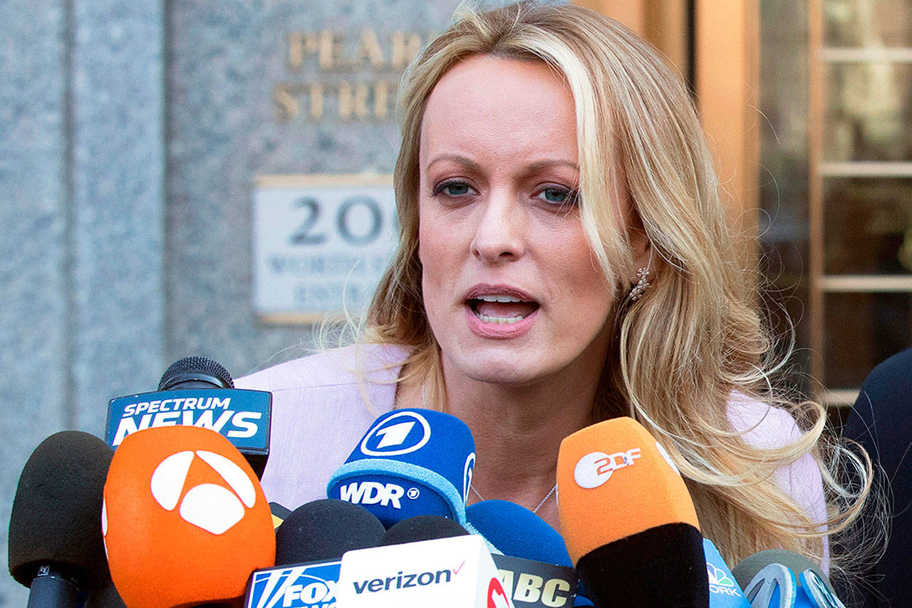Adult film actress Stormy Daniels speaks outside federal court in New York on April 16. (AP Photo/Mary Altaffer, file)