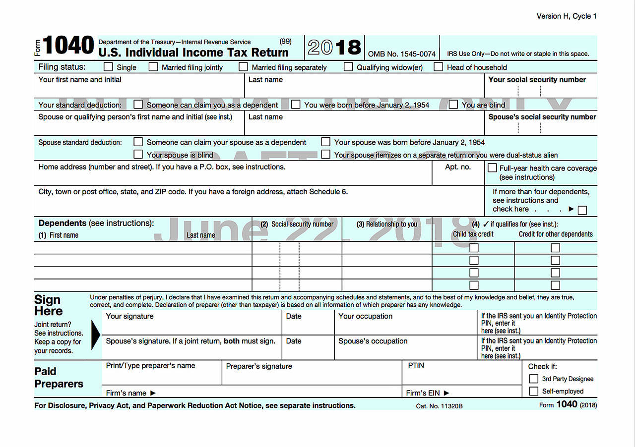 The front of the draft copy of the new 1040 income tax form. (IRS)