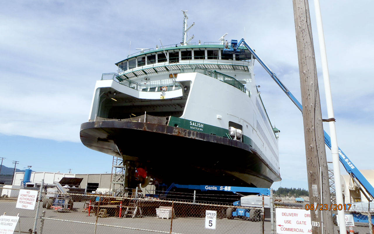 The Salish, shown here during a haul-out for repairs, was one of three ferries damaged by crab pot lines last year. It costs about $100,000 just to get the vessel out and back into the water. (Washington State Ferries)