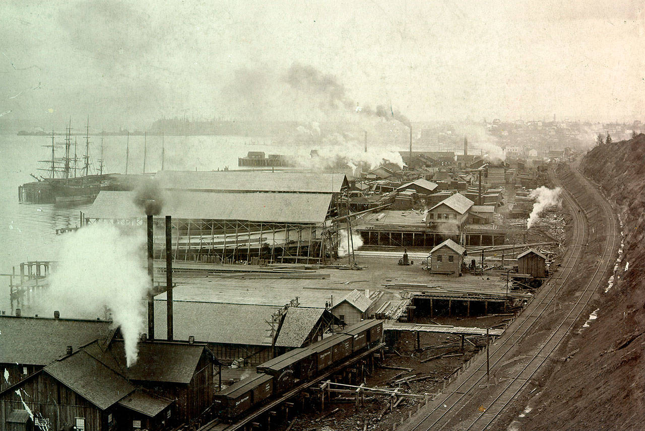 Ship building sheds and sawmills on the Everett waterfront in 1902. Before the state Port District Act of 1911, shipping facilities were privately owned. The Port of Everett was created in 1918. (Port of Everett)