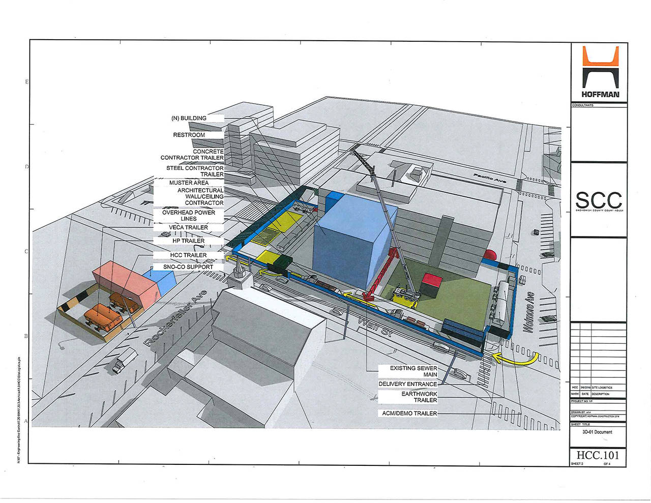 This diagram from contractor Hoffman Construction shows key features of the major Snohomish County courthouse renovation set to begin in downtown Everett, at Wall Street and Wetmore Avenue, next month. (Hoffman Construction)