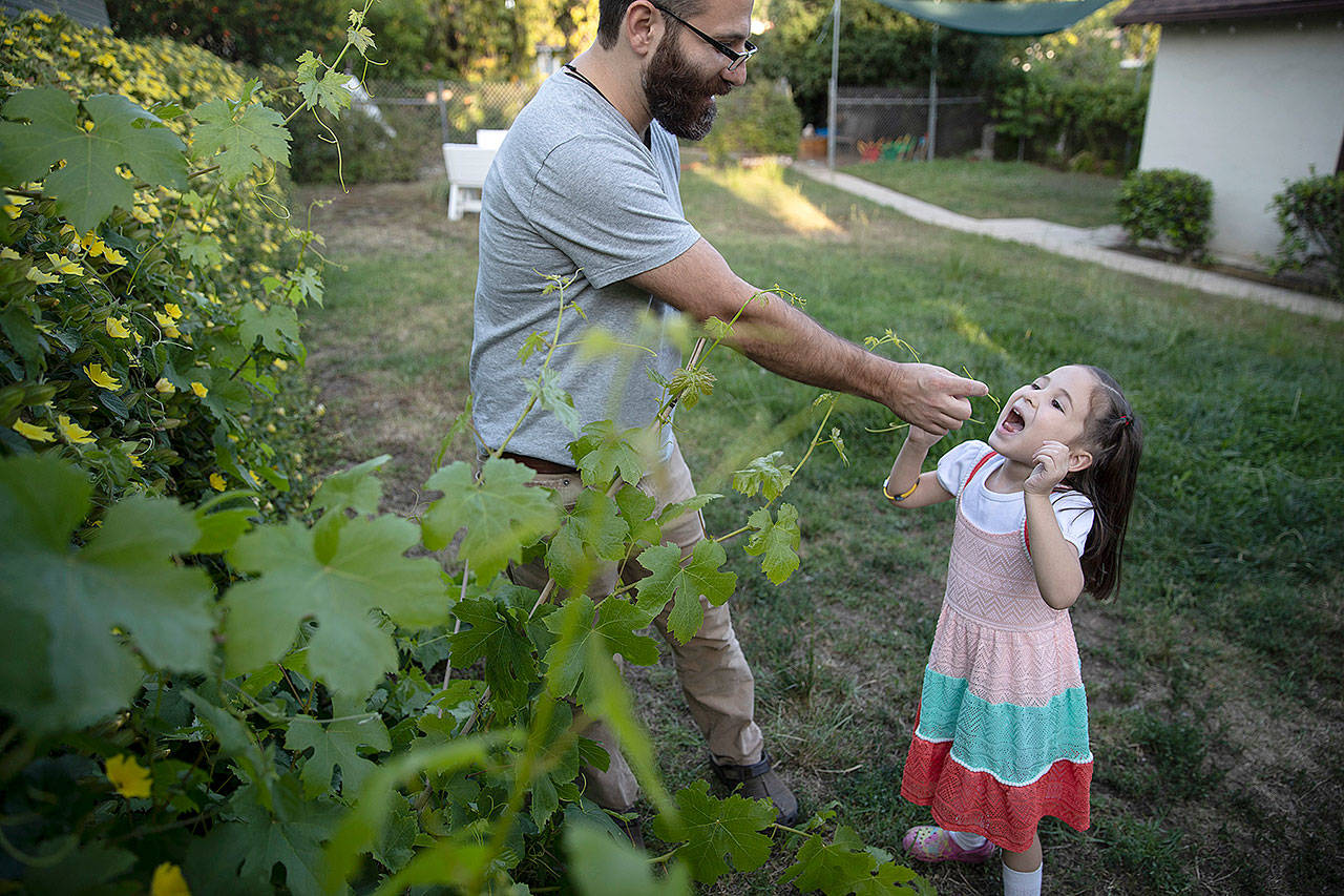 Los Angeles Times reporter Esme Bermudezs husband David and 5-year old daughter at home in Los Angeles. (Brian van der Brug/Los Angeles Times)