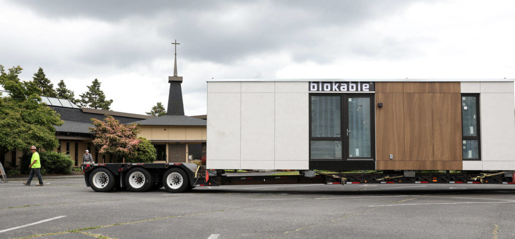A Blok unit arrives at the Edmonds Lutheran Church. (Lizz Giordano / The Herald)
