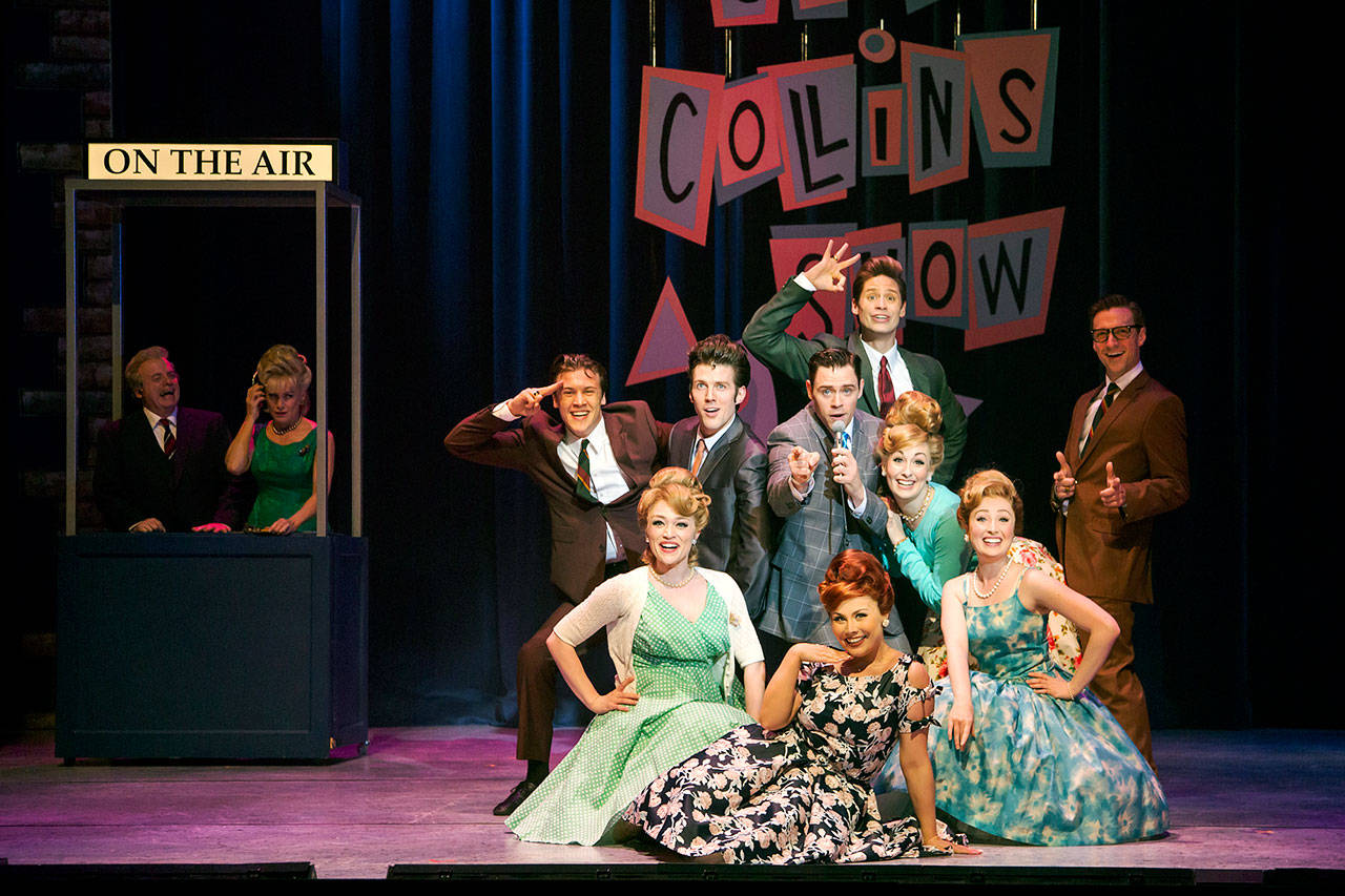 Edmonds’ Tate Busby is one of Corny Collins’ teen celebrity dancers in “Hairspray,” showing at the Everett Performing Arts Center July 6-29. Busby plays Sketch, shown giving a salut to the audience on the far left. (Tracy Martin)