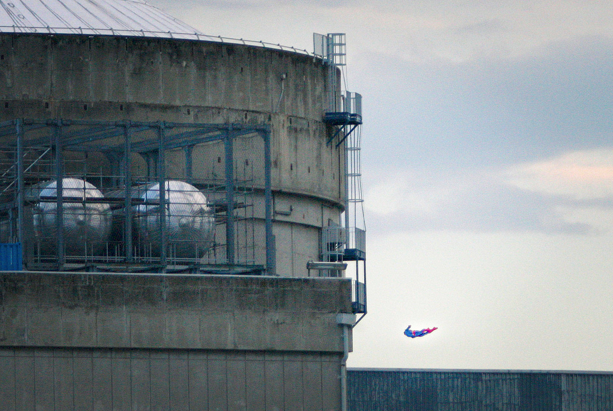 A drone resembling the character of Superman flies over a nuclear power plant in Le Bugey, France, on Tuesday. (Nicolas Chauveau/Greenpeace via AP)