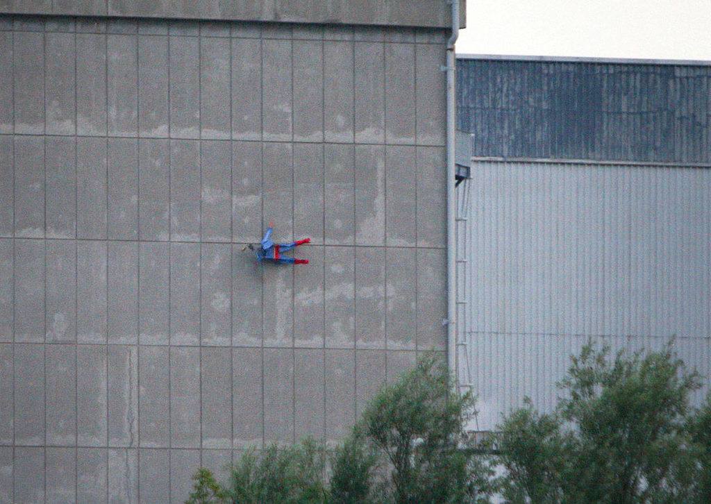 Greenpeace’s Superman drone crashes into the wall of a nuclear power plant of Le Bugey, France, on Tuesday. (Nicolas Chauveau/Greenpeace via AP)
