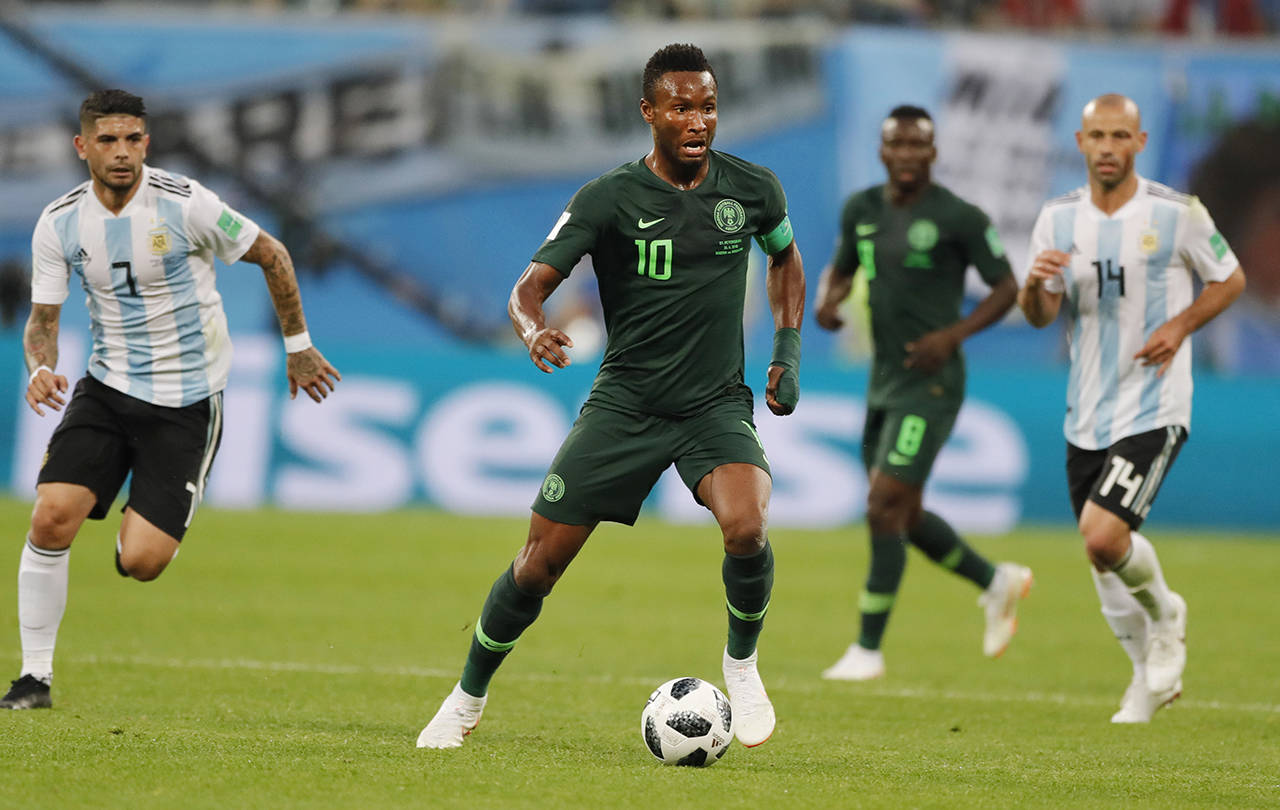 In this file photo from June 26, Nigeria captain John Obi Mikel controls the ball during the Group D match between Argentina and Nigeria, at the World Cup in St. Petersburg, Russia. (AP Photo/Ricardo Mazalan, File)