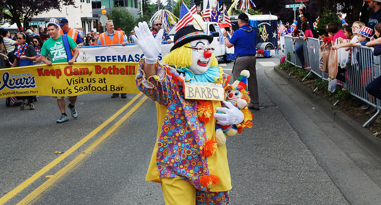 Barbara Mendoza Petersen walking Bothell’s Fourth of July parade route as “Barbo” the clown for 19 years. (Courtesy photo file)