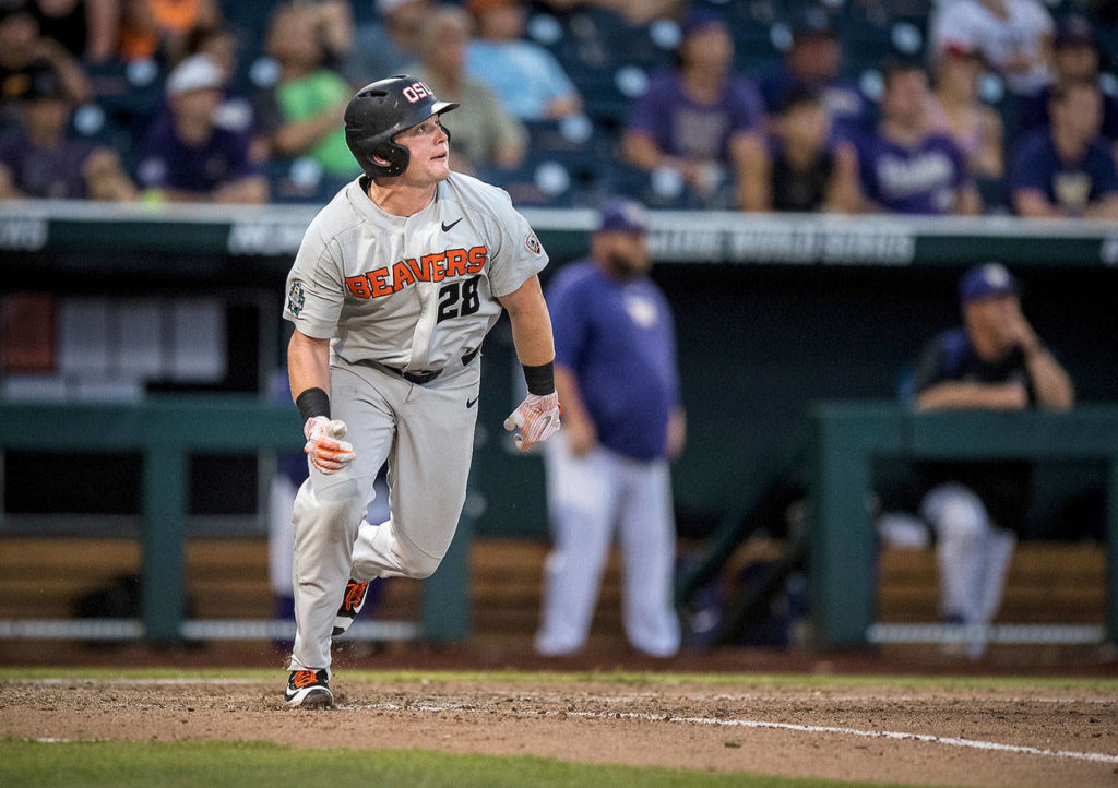 Oregon State designated hitter Kyle Nobach, a graduate of Marysville Pilchuck High School, hit a three-run home run in the Beavers’ win over Washington at the 2018 College World Series. (Oregon State University photo)
