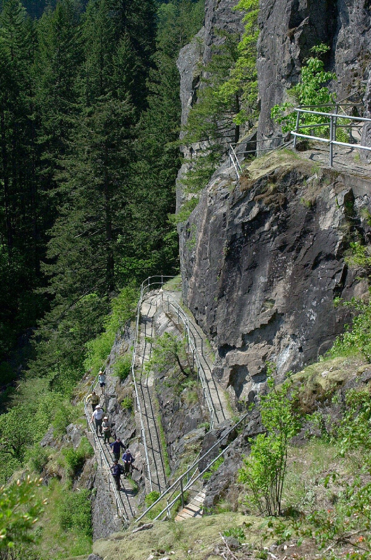 Hikers navigate a multi-switchback trail in Beacon Rock State Park that’s less than a mile long to the top of its 848-foot-high basalt namesake. The reward? Sweeping views of the Columbia River Gorge. (Sharon Wootton)