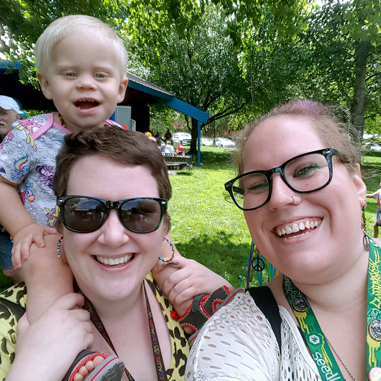 Miriam Robinson, left, died in a head-on crash with a wrong-way driver July 1, 2018, near Arlington. Her friend Dora-Jean Wyne, right, survived the crash by swerving her Toyota Corolla. Wyne’s son, Jack, on Robinson’s shoulders, suffered a cut to his face. (Family photo)