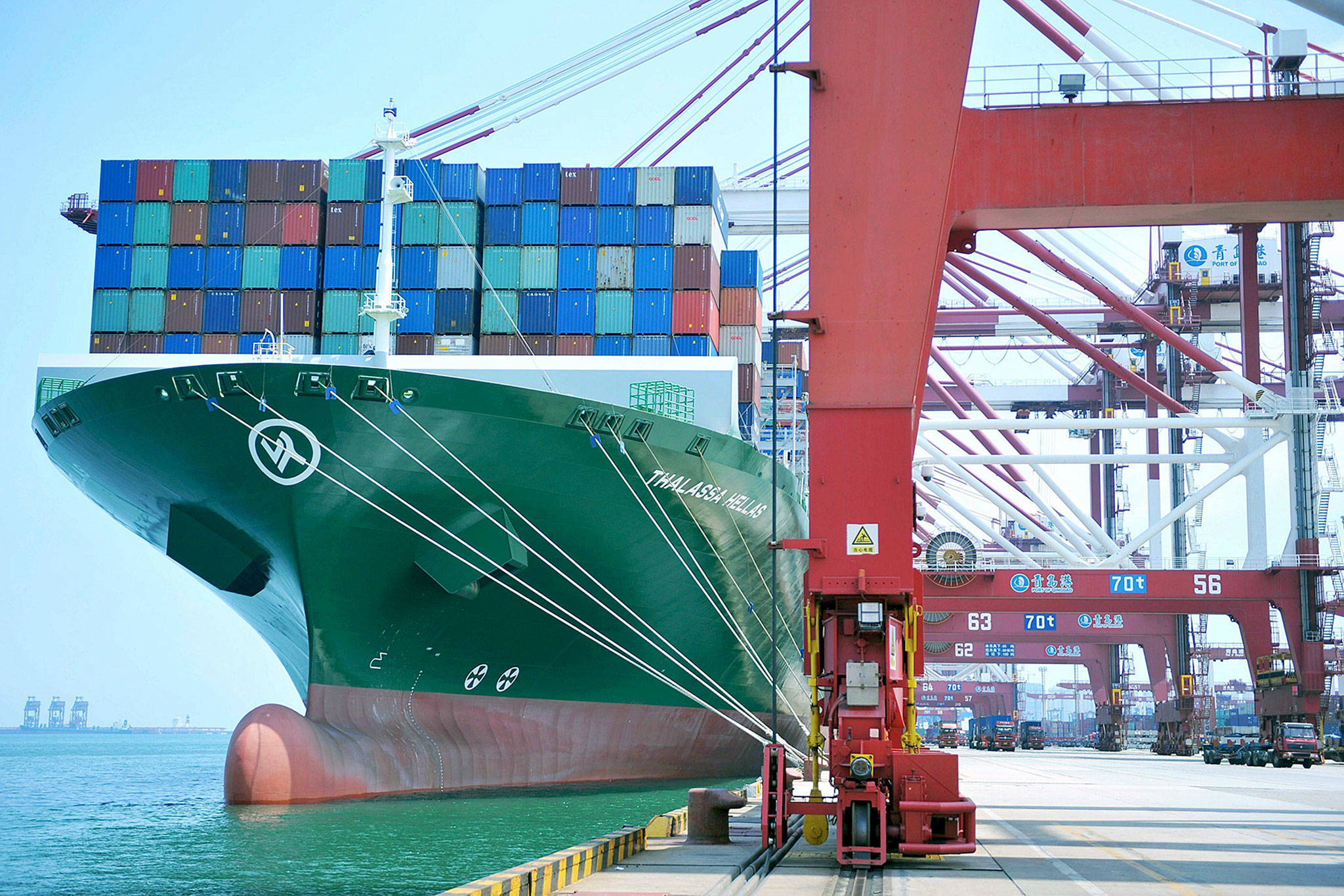A container ship at a port in Qingdao, in eastern China’s Shandong province, on Friday. (Chinatopix via AP)