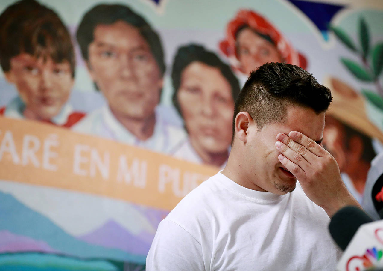 In this June 25 photo, Christian, from Honduras, recounts his separation from his child at the border during a news conference at the Annunciation House, in El Paso, Texas. (AP Photo/Matt York, File)