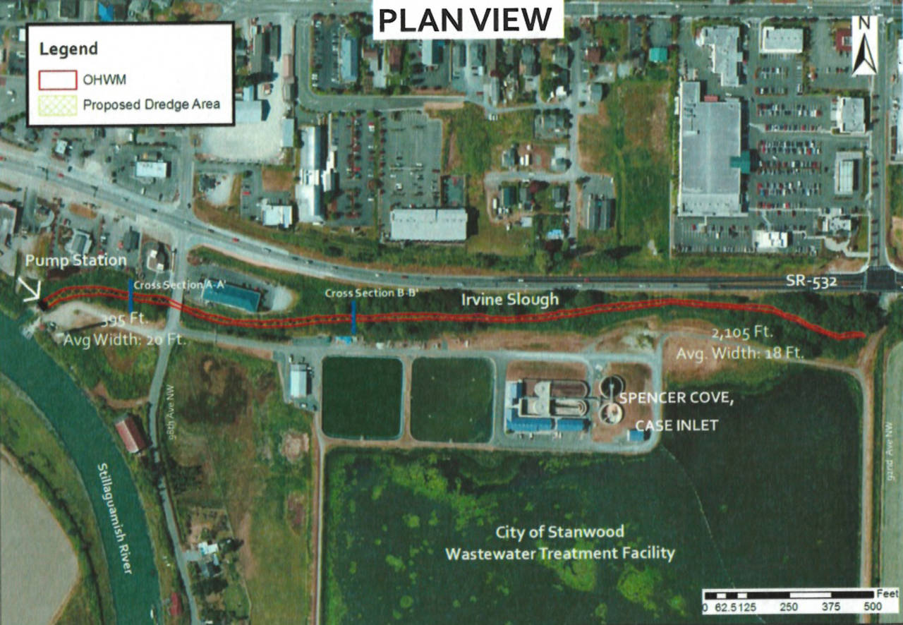 An aerial view shows the Irvine Slough dredging area, submitted by the city of Stanwood to the Army Corps of Engineers and state Department of Ecology. (City of Stanwood)