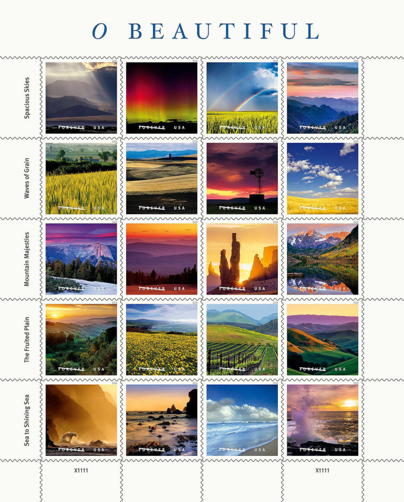 Kevin Ebi’s picture of the northern lights, taken from Mount Pilchuck (top row, second from left), is one of 20 images in an “O Beautiful” series of stamps released last week.
