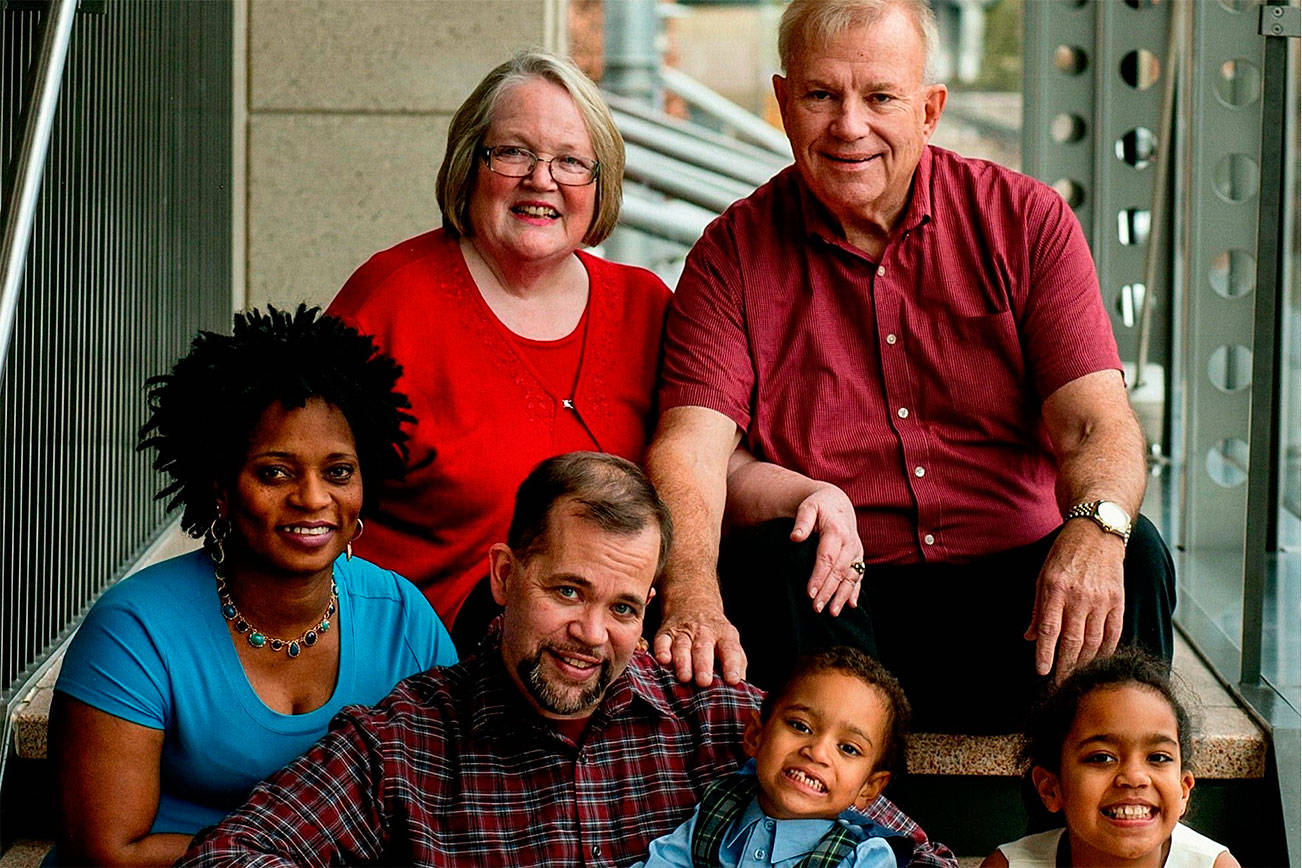 Jim Shields (top right), former assistant Everett Parks Department director, died in a vehicle crash July 3. Shields, of Camano Island, is shown here with his wife, Betsy, son James, daughter-in-law Marcelle and grandchildren Jimmy and Holyanna. (Courtesy Shields family) ​