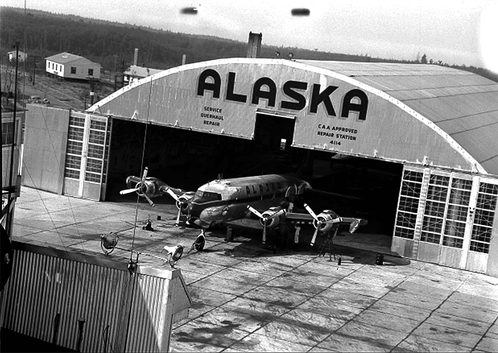 The Alaska Airlines repair and maintenance hangar at Paine Field, built in 1948 and shown here in 1951, now houses the Flying Heritage & Combat Armor Museum. The airline will soon offer commercial flights from the Everett airport. (Ken Knudson / Everett Herald)