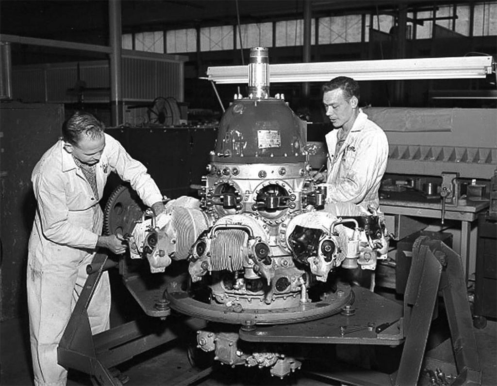 Alaska Airlines workers in 1957 at Paine Field, where the airline’s repair and maintenance facility was built in 1948. (Jim Leo / Everett Herald)
