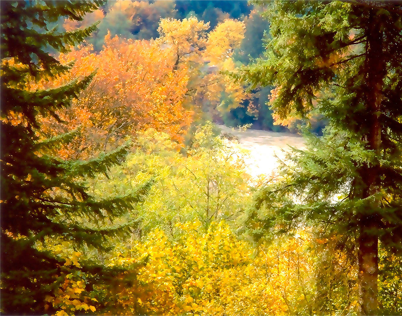 “Fall Vision” is one of the works included in Arlington artist Fran Kaufman’s display at Sisters Restaurant in Everett through Sept. 7.