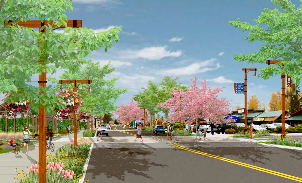 A rendering from a recently adopted city plan shows what planners think Main Street could look like in the future, looking North near Jay’s Market. (City of Lake Stevens)