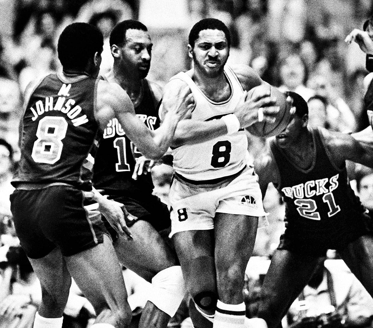 Seattle SuperSonic forward Lonnie Shelton (8) finds himself surrounded by Milwaukee Bucks after grabbing a key rebound during an NBA game on April 20, 1980 in Seattle. (AP Photo/Grant M. Haller)