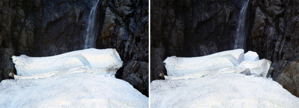 Before and after photos show where a large block of snow fractured into several pieces Sunday afternoon at the top of the snowfield at Big Four Ice Caves. (U.S. Forest Service and Snohomish County Sheriff’s Office)
