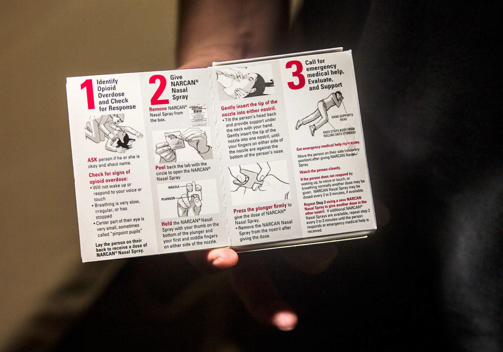 Narcan, a prescription medicine used for the treatment of an opioid emergency, displays a step-by-step diagram of how to administer the nasal spray. Narcan is one of the medicines used at the Providence Regional Medical Center Everett Colby Campus Emergency Department to treat opioid overdoes. (Olivia Vanni / The Herald)
