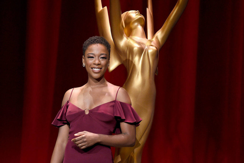 Samira Wiley poses on stage following the 70th Primetime Emmy Nominations Announcements at the Television Academy’s Saban Media Center on July 12 in Los Angeles. (Photo by Chris Pizzello/AP)
