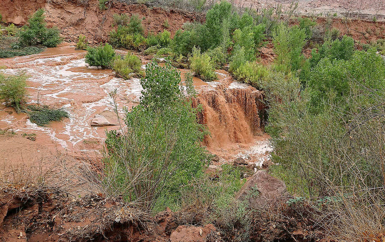 This photo released Thursday by Benji Xie shows flooding from a waterfall on the Havasupai reservation in Supai, Arizona. About 200 tourists were being evacuated Thursday from a campground on tribal land near famous waterfalls deep in a gorge off the Grand Canyon. (Benji Xie via AP)