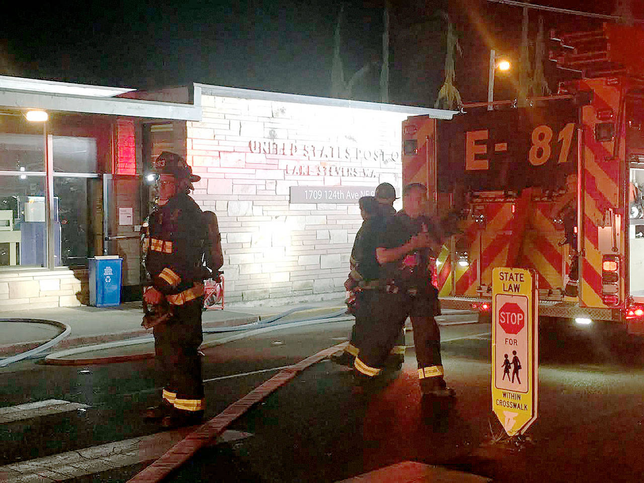 Firefighters respond to the Lake Stevens Post Office late Thursday. (Lake Stevens Fire Department)
