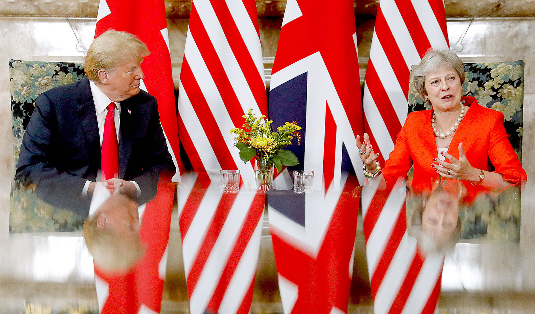 U.S. President Donald Trump (left) with British Prime Minister Theresa May during their meeting at Chequers, in Buckinghamshire, England, on Friday. (AP Photo/Pablo Martinez Monsivais)