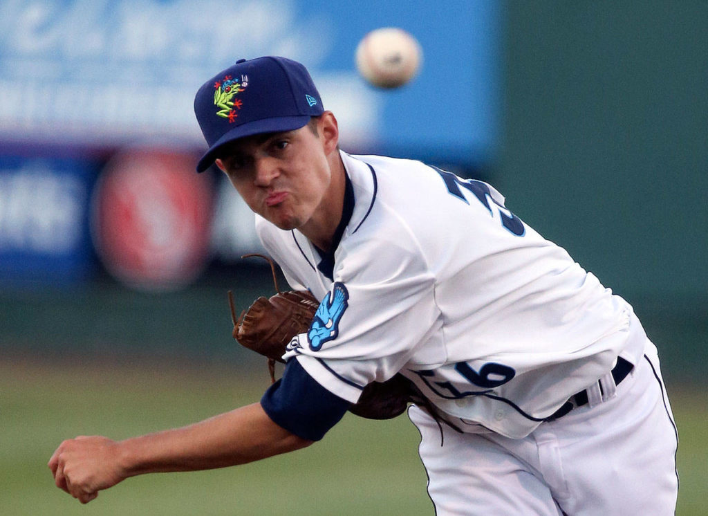 AquaSox pitcher David Hesslink throws a pitch against the Canadians during a game on June 26, 2017, in Everett. (Kevin Clark / The Herald)
