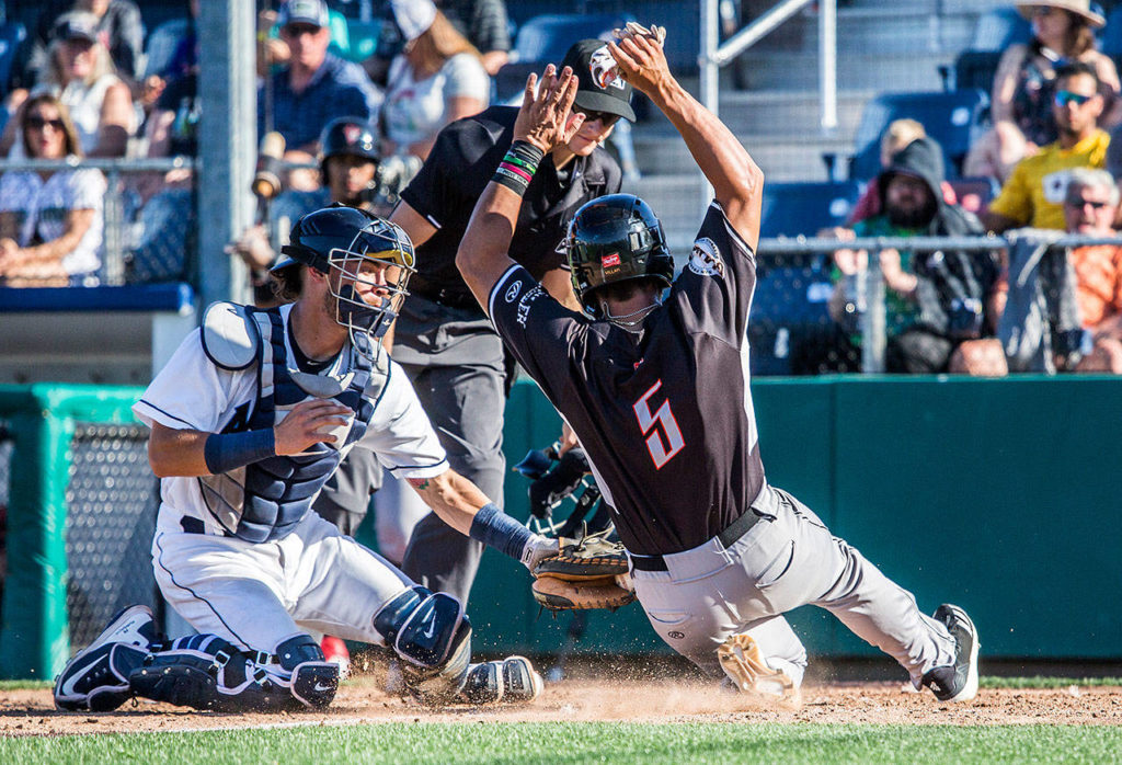 Aquasox’s Geoandry Montilla tags out Volcanoes’ David Villar during the game at Everett Memorial Stadium on Sunday, July 15, 2018 in Everett, Wa. (Olivia Vanni / The Herald)
