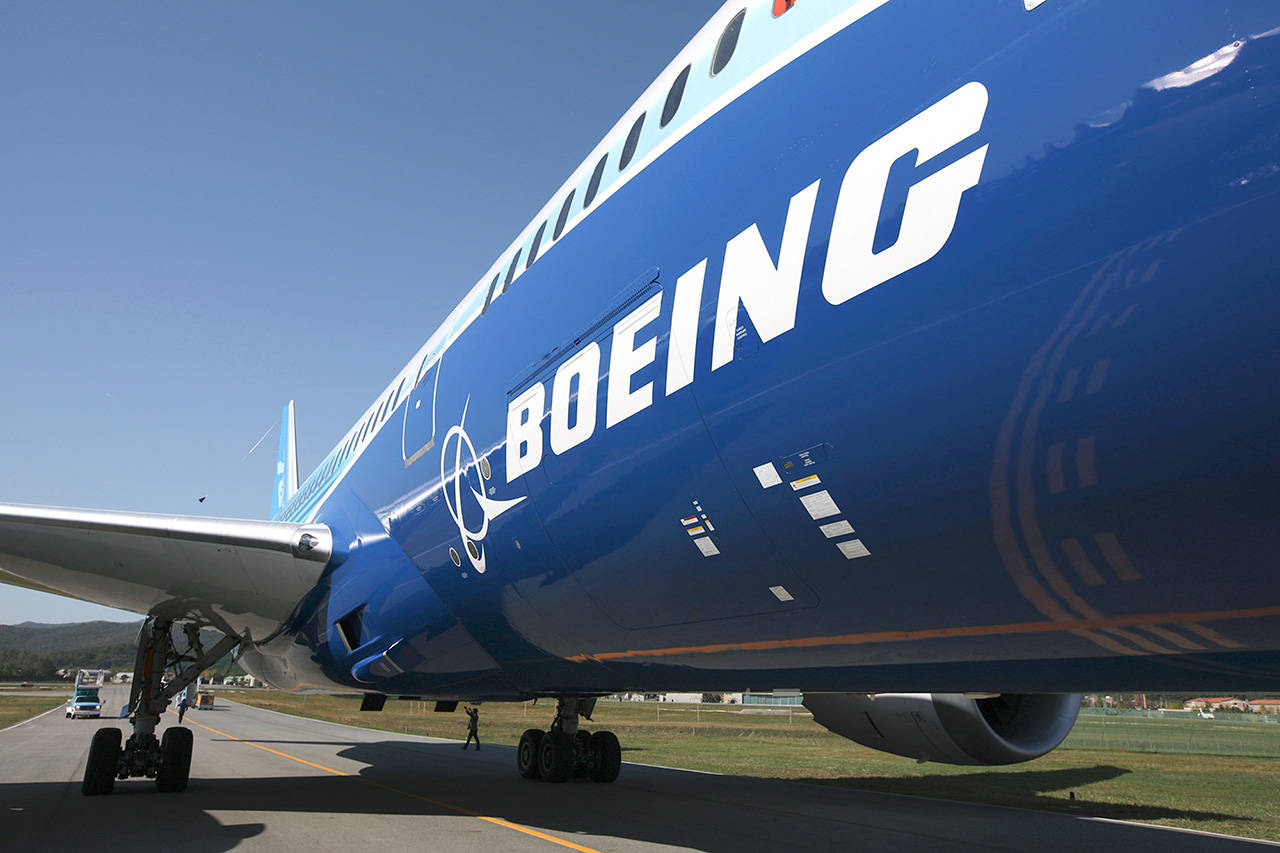 The Boeing logo on the fuselage of a 787 Dreamliner in 2011. (Seong Joon Cho / Bloomberg News)