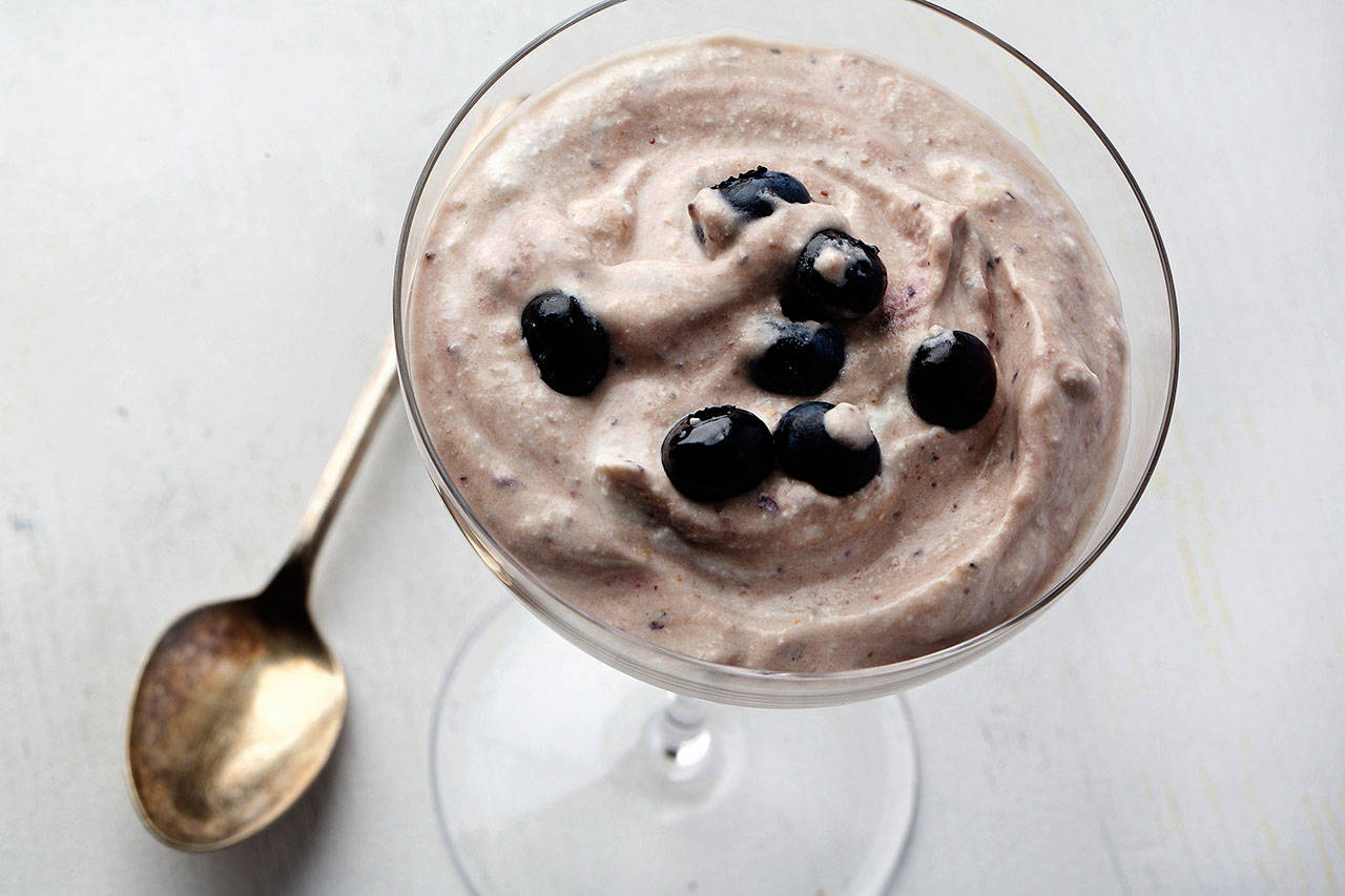 This version of the traditional British blueberry fool uses thick Greek yogurt for its base instead of custard or whipped cream. (Photo by Deb Lindsey for the Washington Post.)